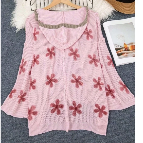 Plus Floral Print V neck Reverse Stitch Hoodie Top - Picture 3 of 4